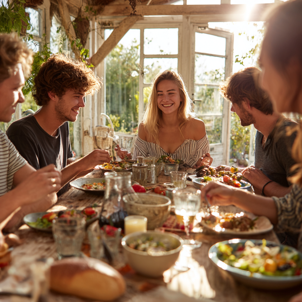 Boldog magyar család egészséges étellel a konyhában, különböző korosztályú felnőttek mosolyognak