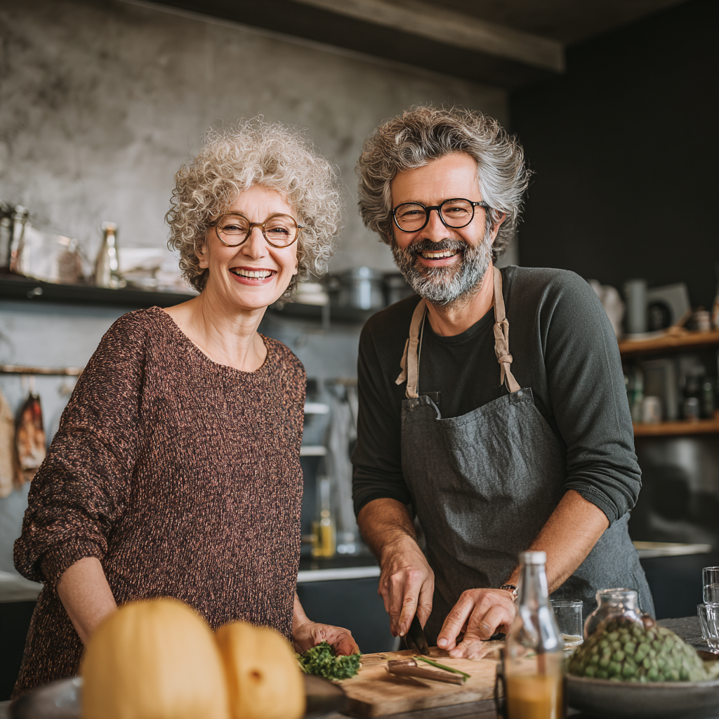 Magyar felnőttek különböző korosztályaiból álló csoport egészséges ételekkel, mosolygó arcokkal